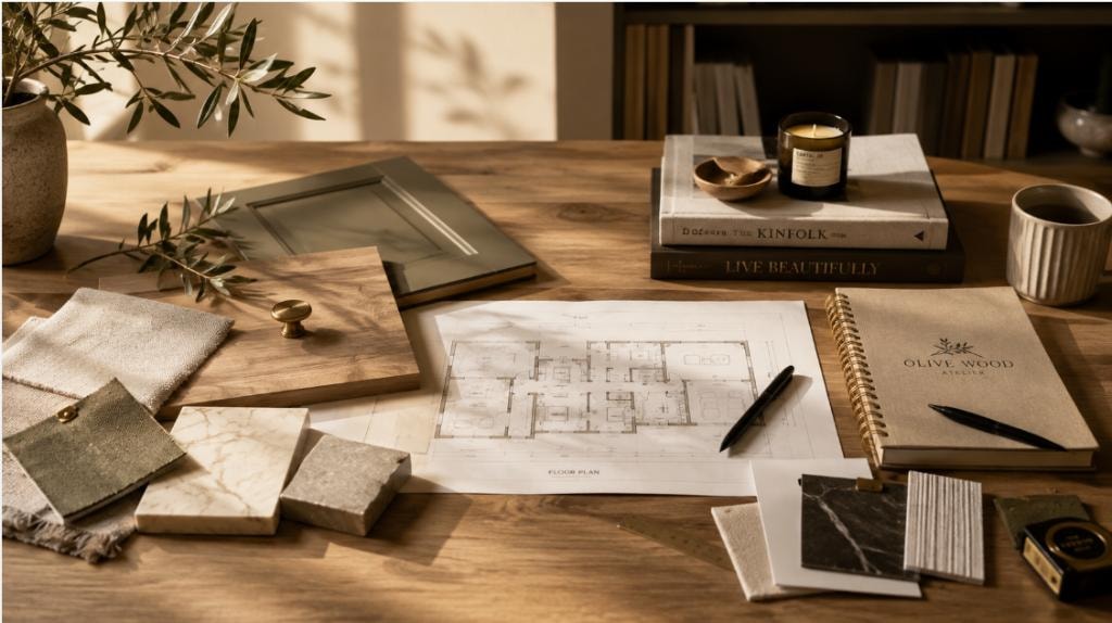 Olive Wood Atelier design workspace — floor plans, material samples, wood finishes, and branded notebook