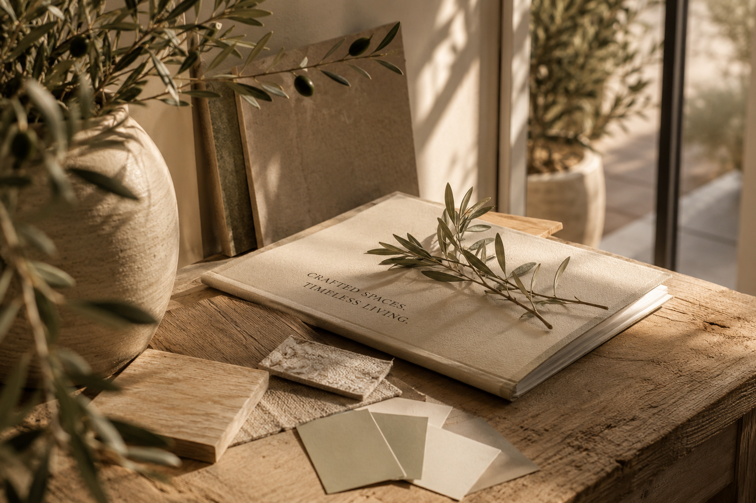 Natural materials — white oak, linen, and stone — that define the Olive Wood Atelier aesthetic