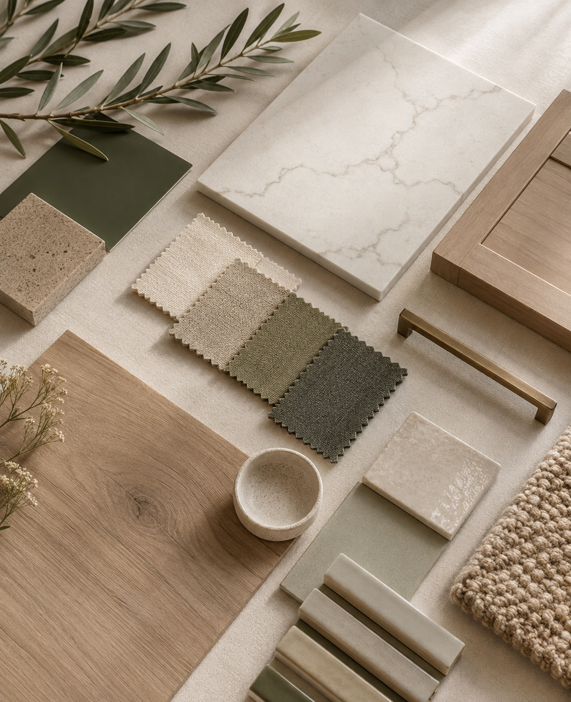 Natural materials — white oak, linen, and stone — that define the Olive Wood Atelier aesthetic