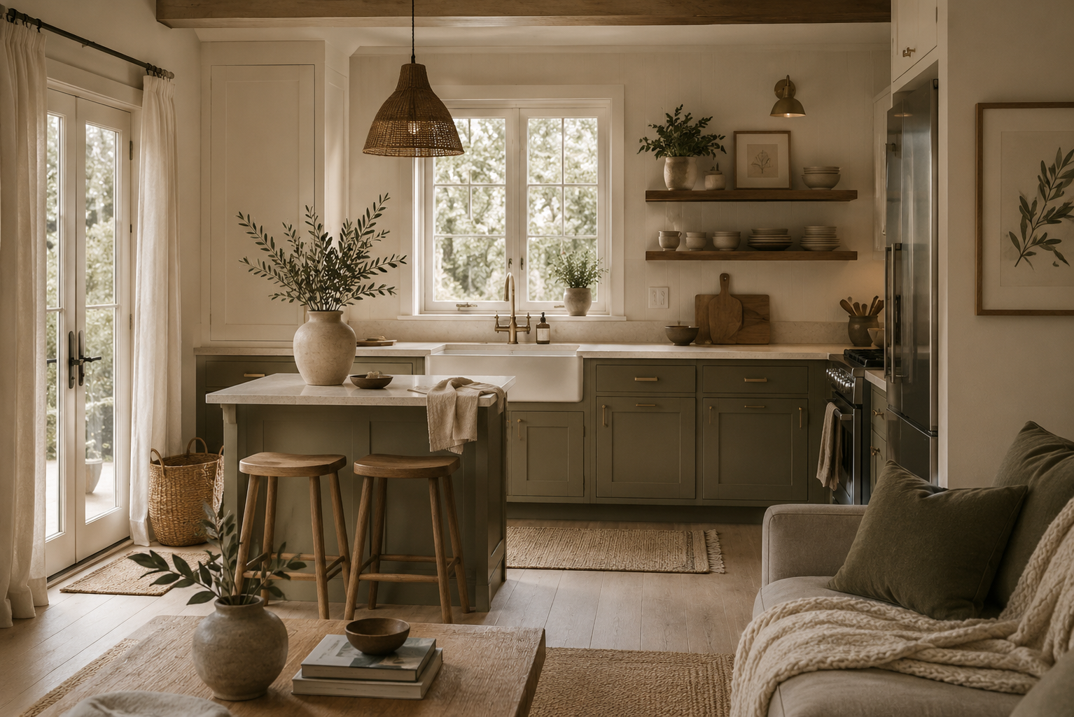 The Olive Cottage kitchen — white shaker cabinets, quartz countertops, warm brass hardware