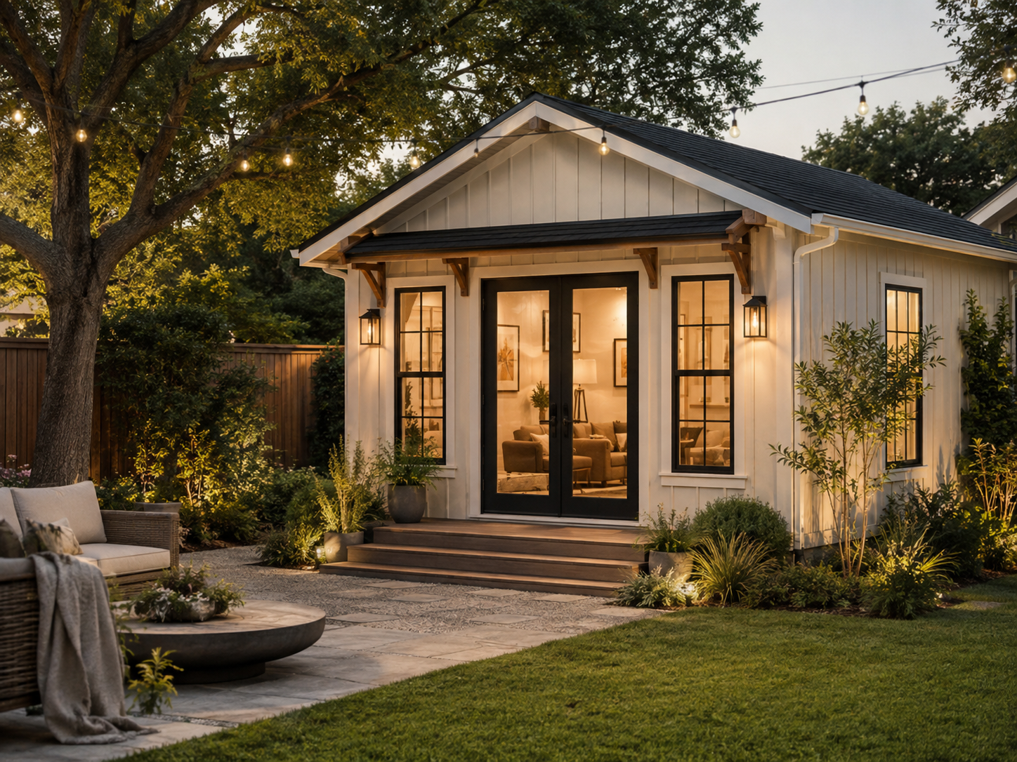 Luxury backyard cottage exterior with natural stone pathway