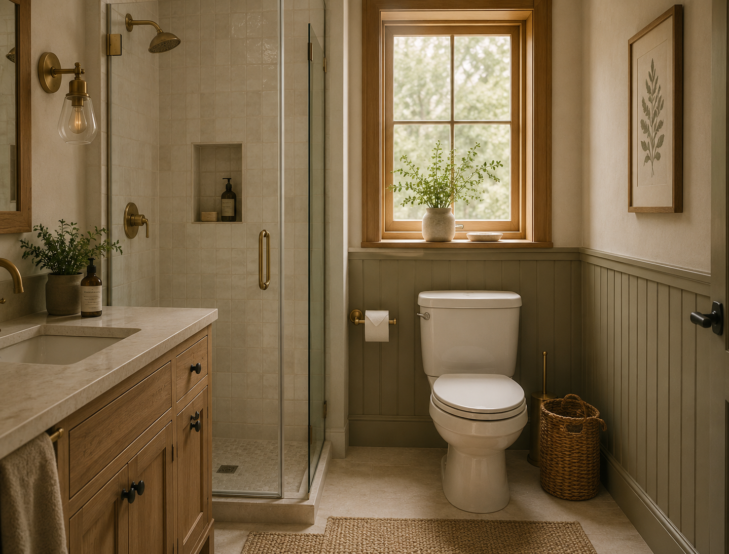 Luxury bathroom with marble tile and brass fixtures