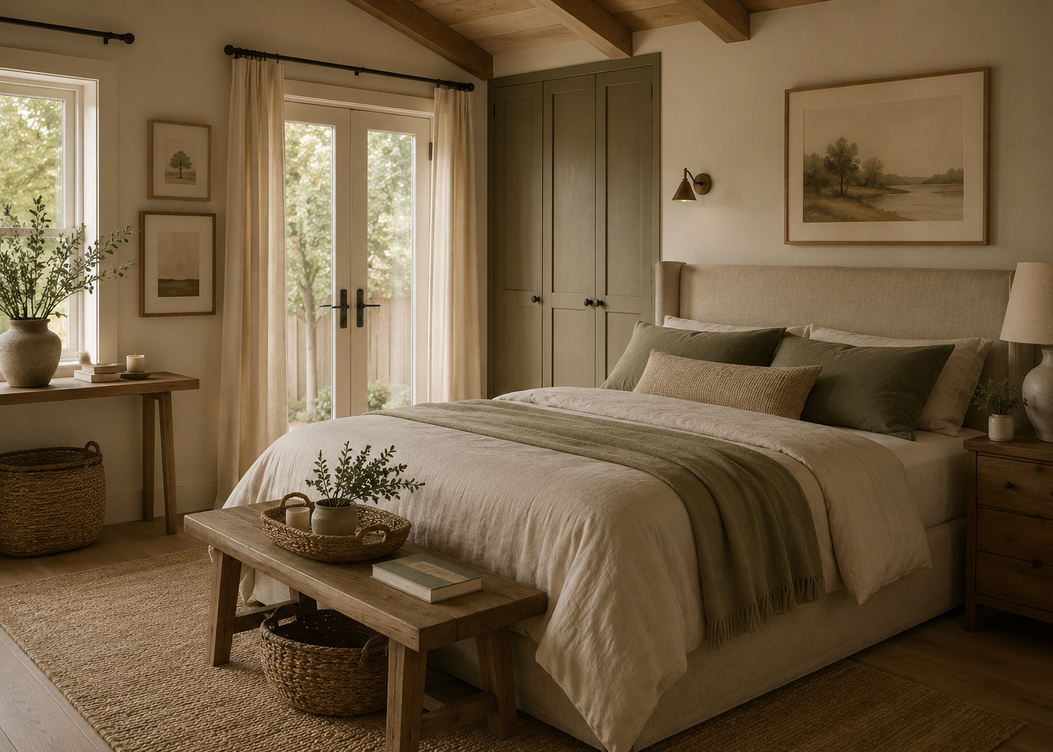 Luxury small home bedroom with white linen and oak floors
