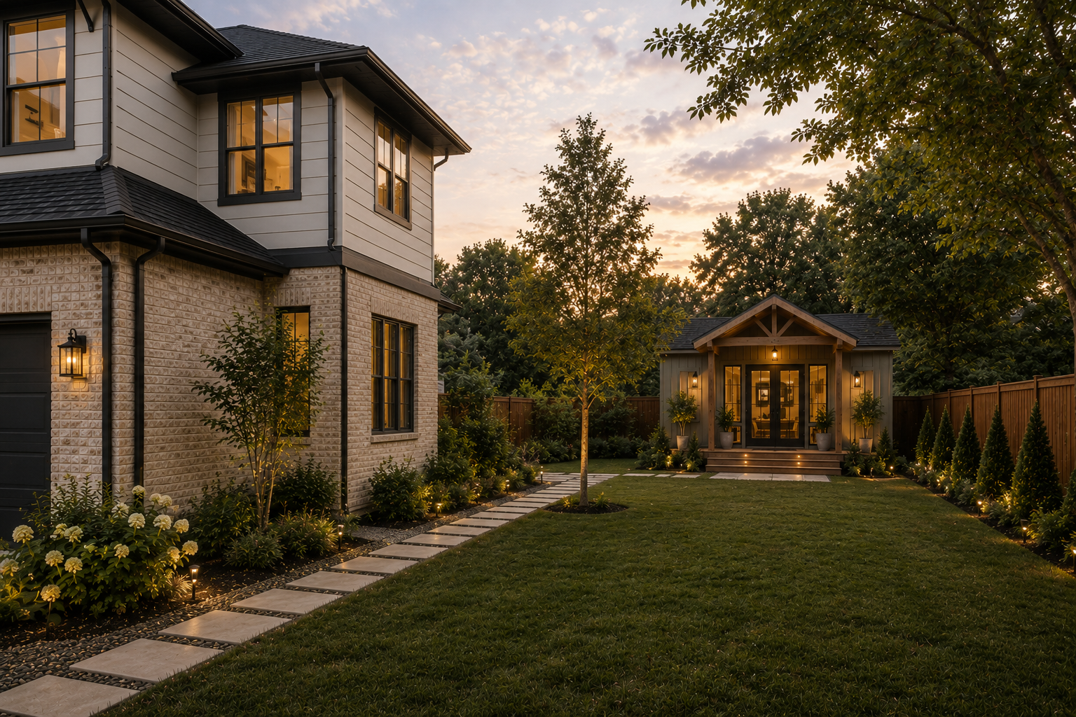 Elegant backyard accessory dwelling unit with natural landscaping