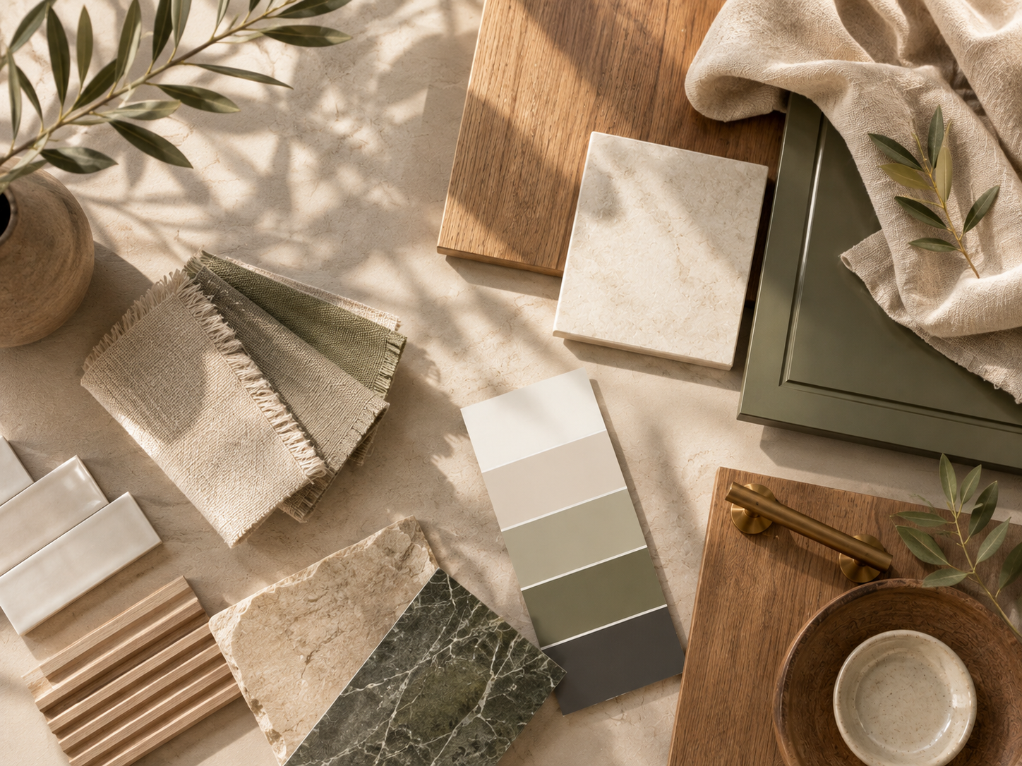 Curated interior design material samples — white oak, stone, marble, and brass hardware