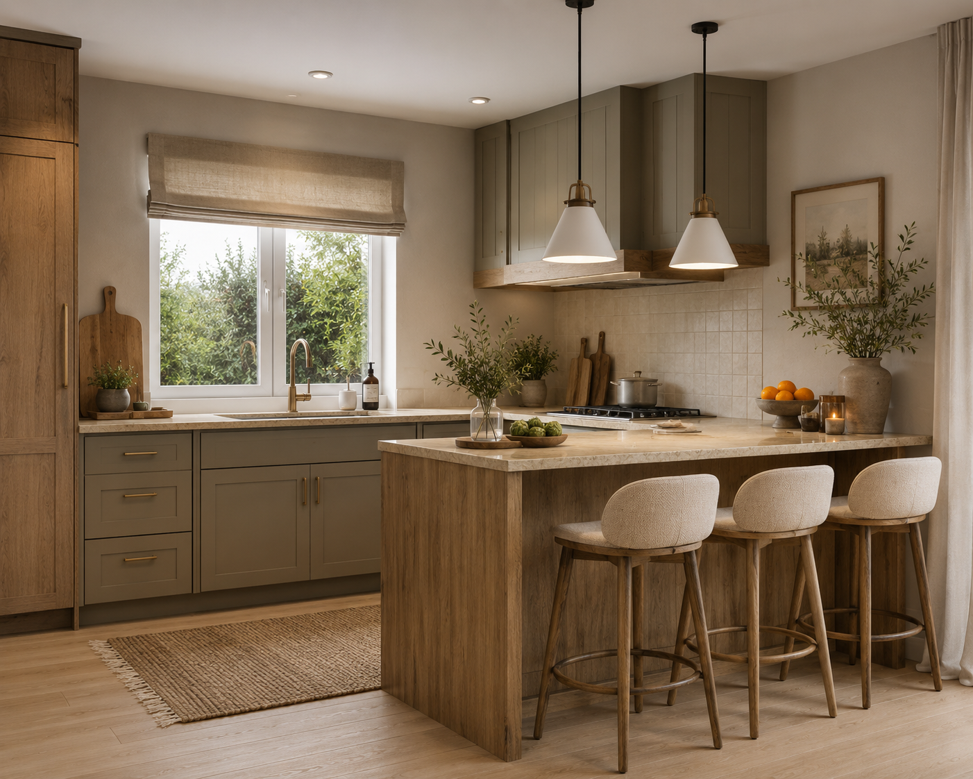 Luxury compact kitchen with white oak cabinetry and brass hardware