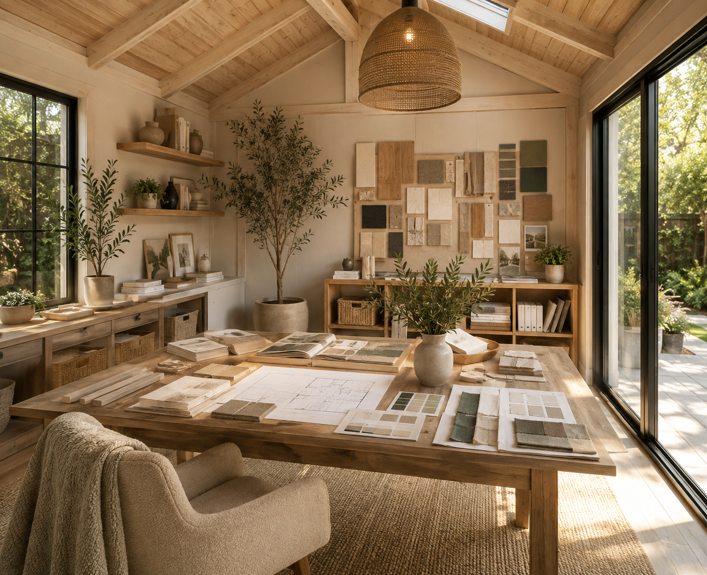 Luxury home design consultation with architectural drawings and material samples